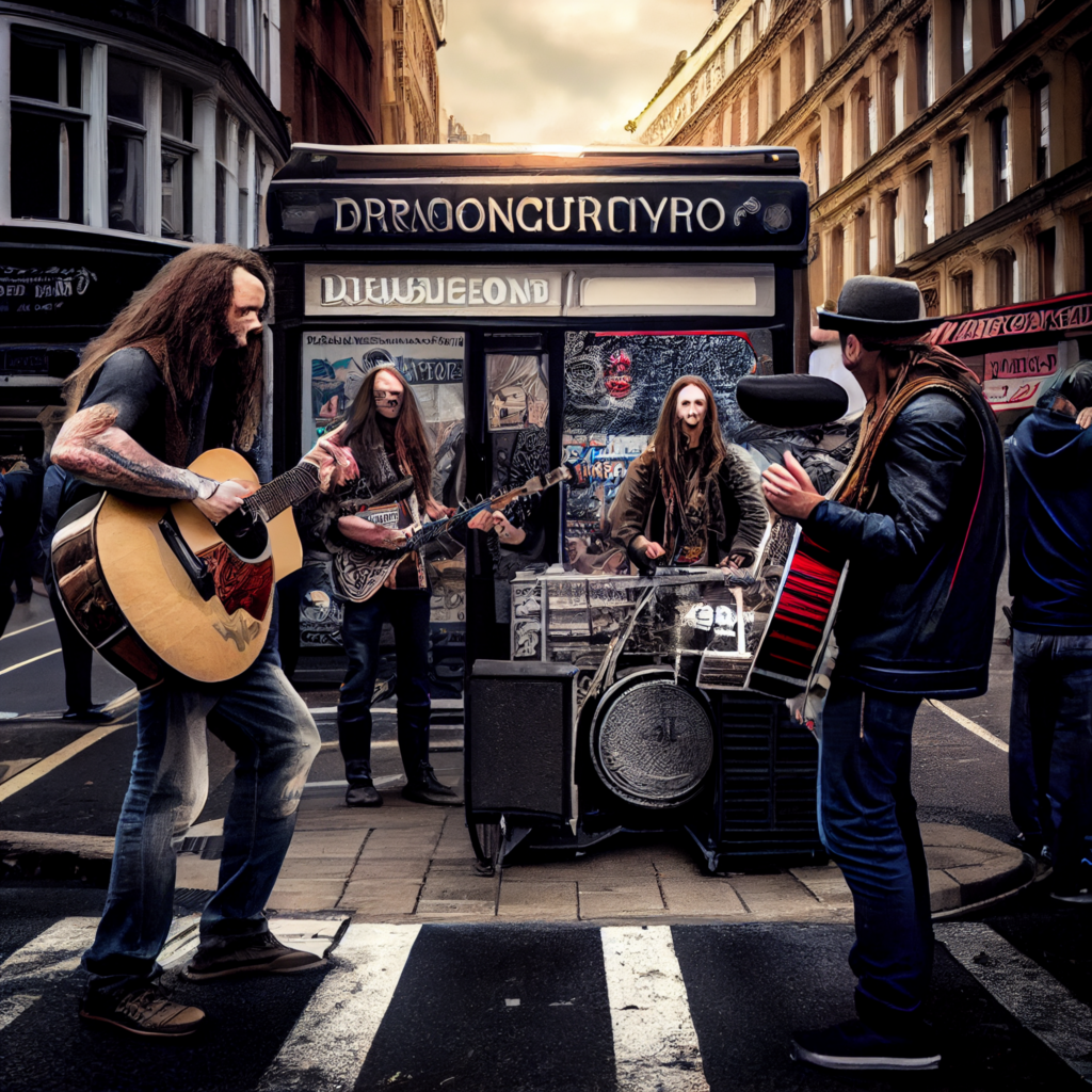 Beggars Dragonforce band busking on the streets of london photo