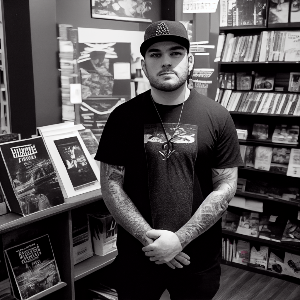 Beggars Frankie Palmeri of emmure standing in a bookstore