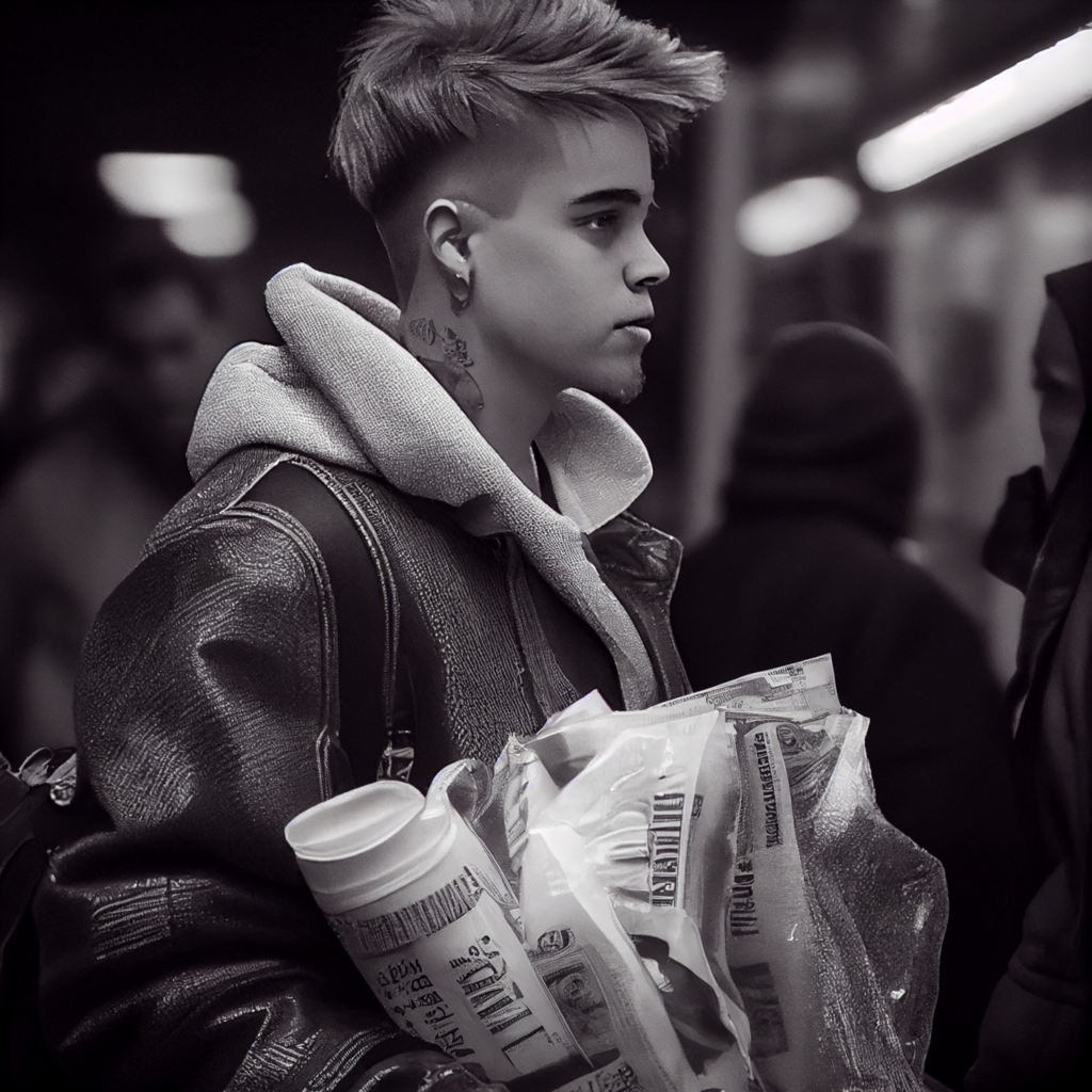Beggars Justin bieber holding a bag of money photo candid 4k