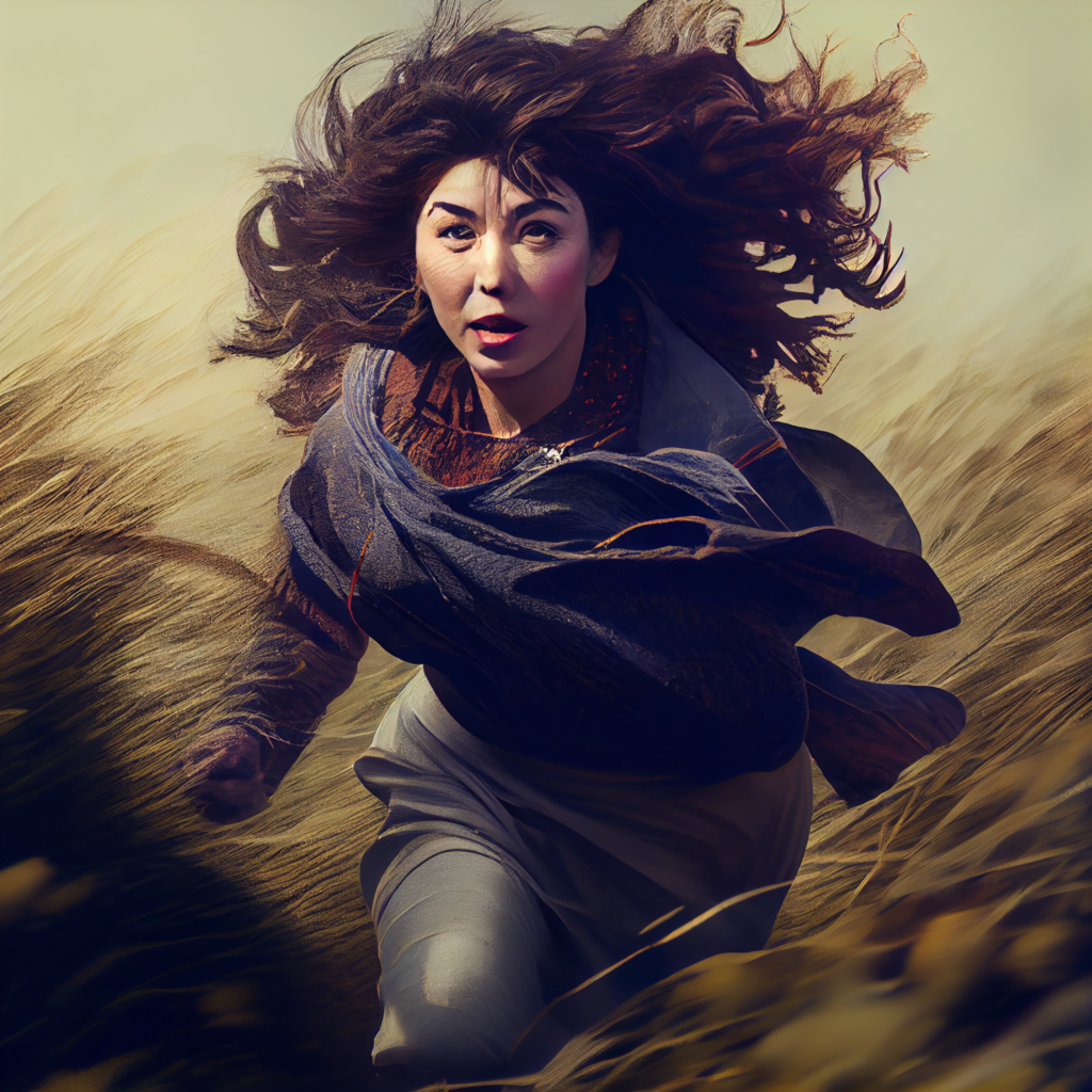 Beggars Kate Bush running up a hill photograph photoreal 4k hig