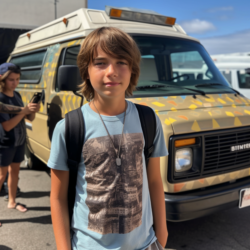Beggars a photo of a clueless kid standing in front of a tour v