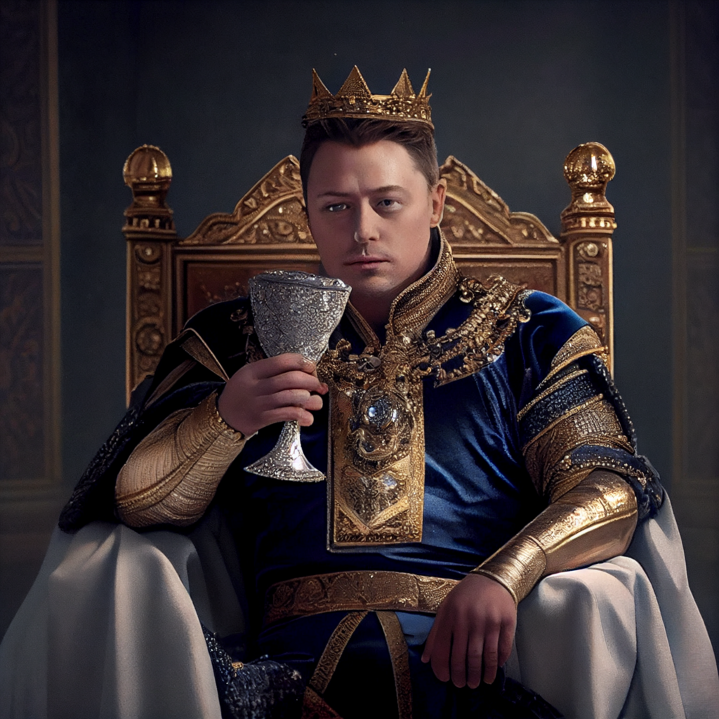 Beggars Elon Musk dressed as a royal King sitting on a throne d