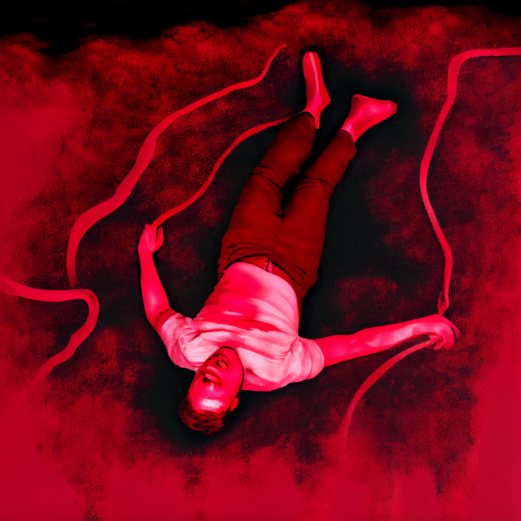 Beggars a man laying in a pool of red liquid chalk outline