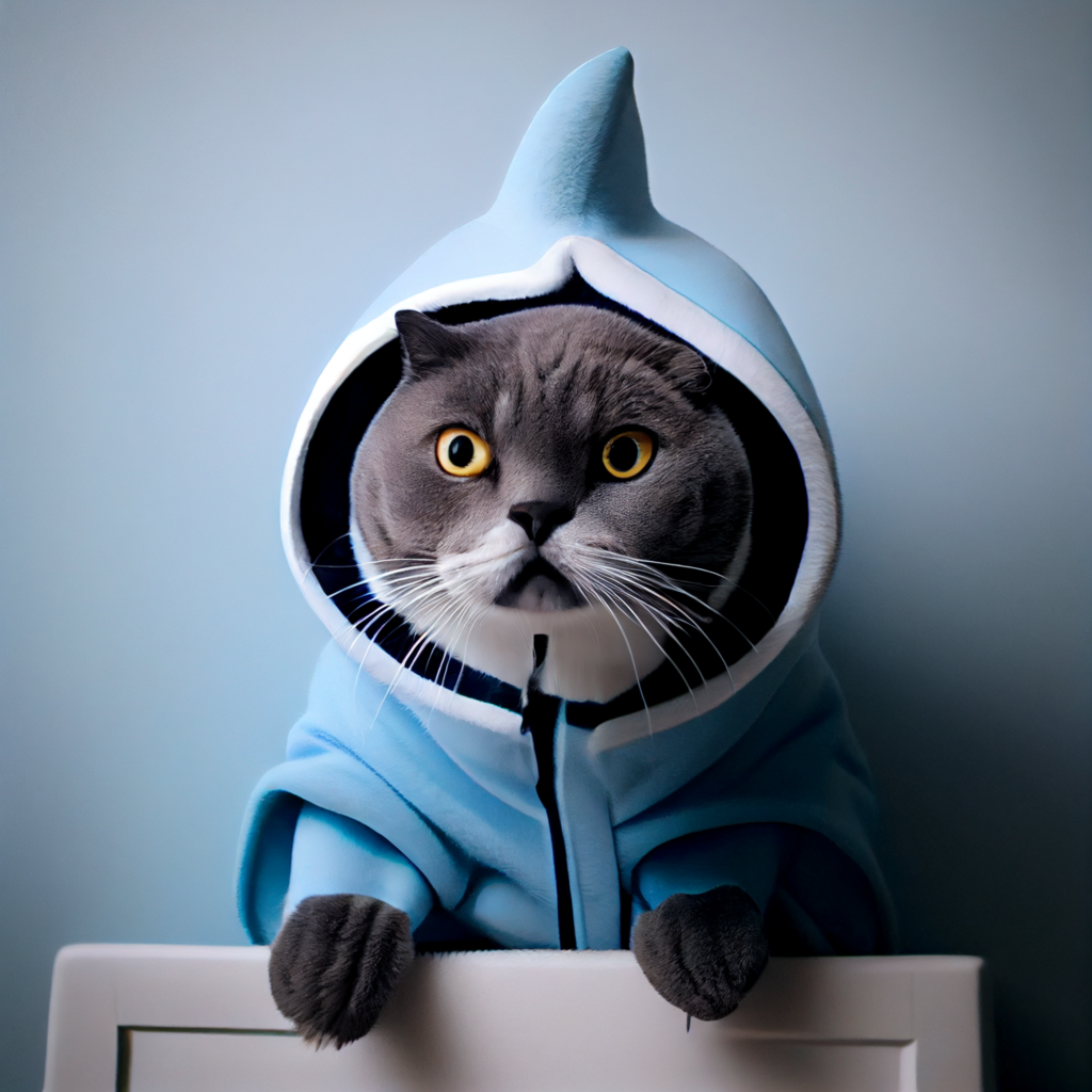 Beggars a photo of a cat in a Shark costume
