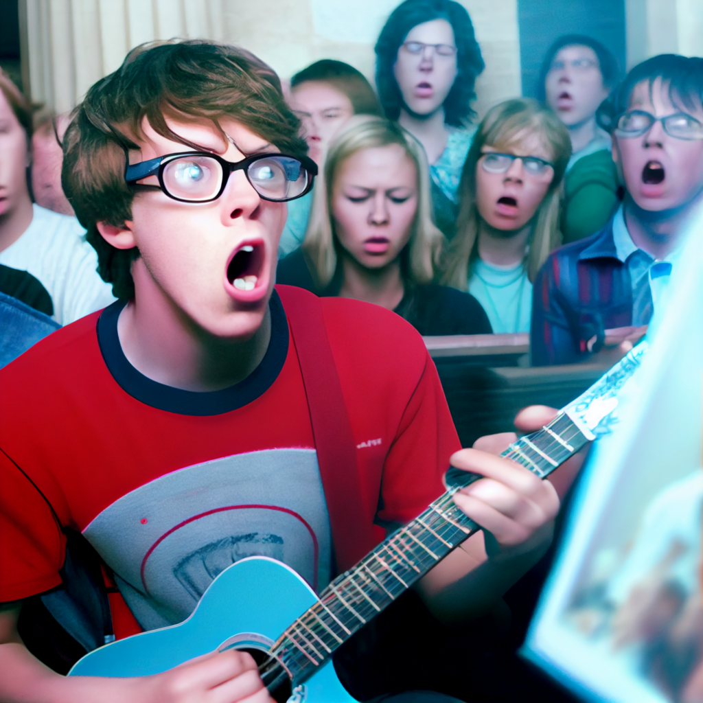 Beggars an awkward teenager playing guitar to an audience with