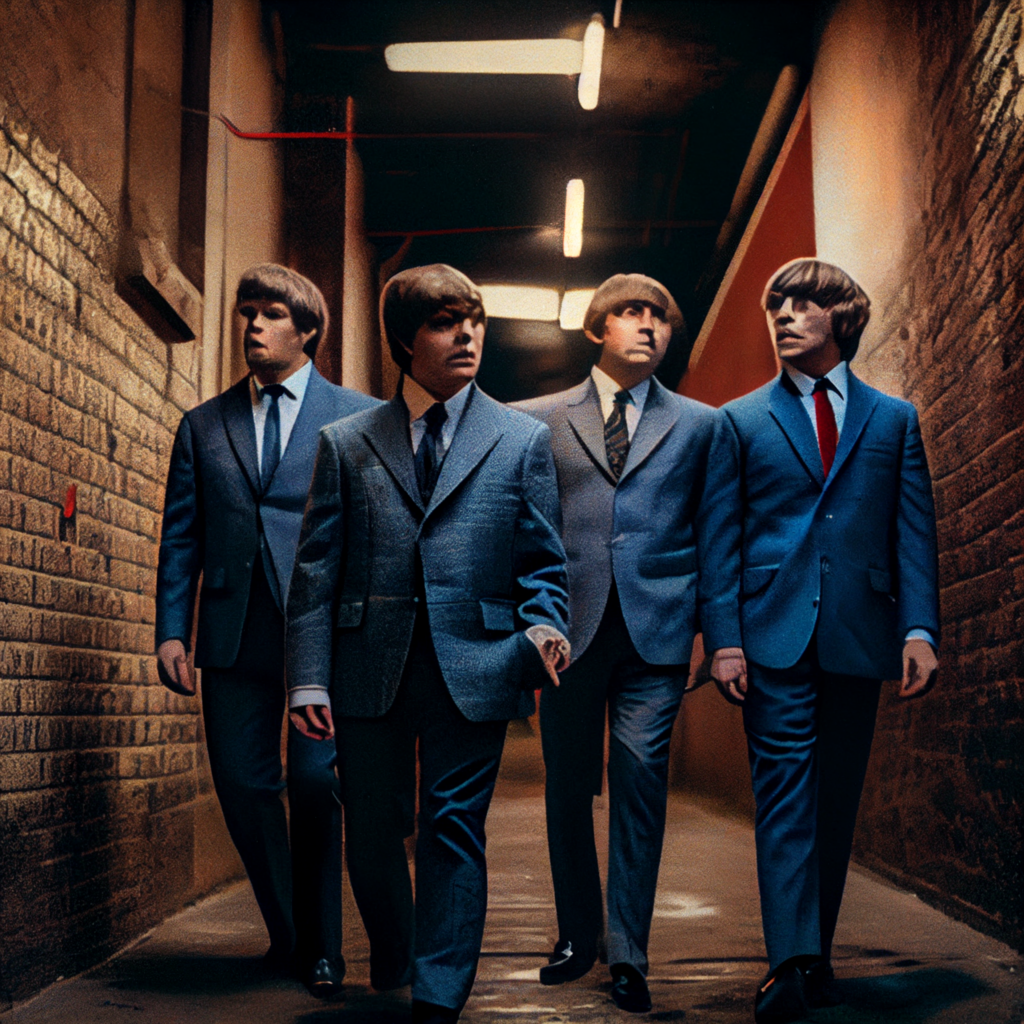 Beggars full scene photography a band in suits that look like t