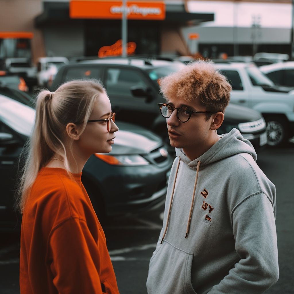 Beggars A photo of a couple arguing in the parking lot of a Pop
