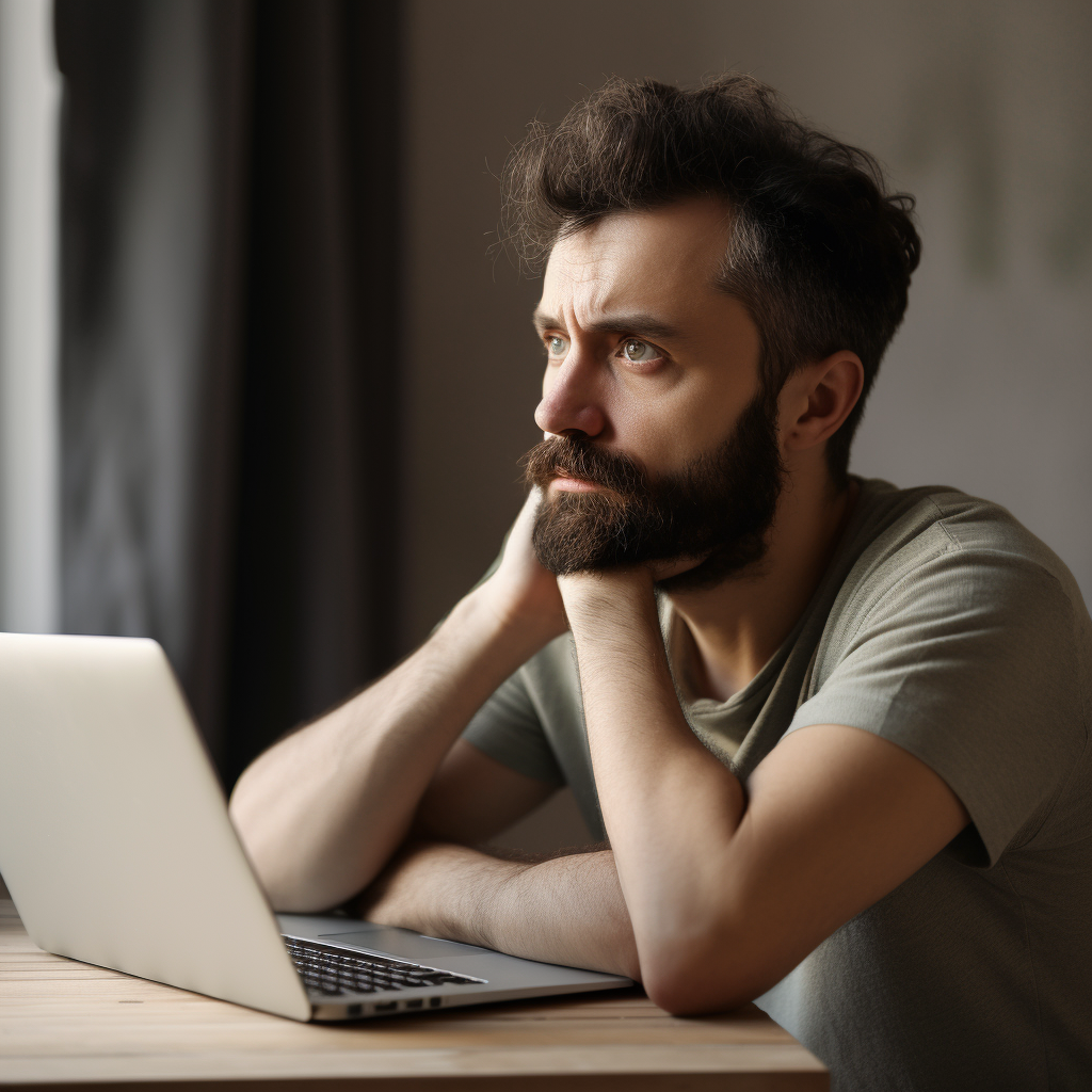 Beggars A photo of a man staring at a blank screen he reached t