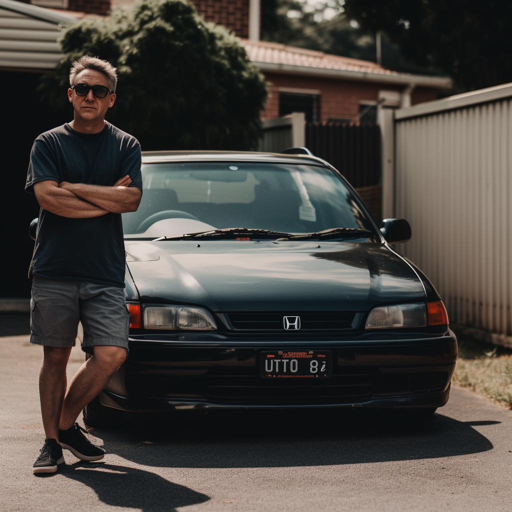 Beggars A realistic photo of a cool middle aged suburban dad in