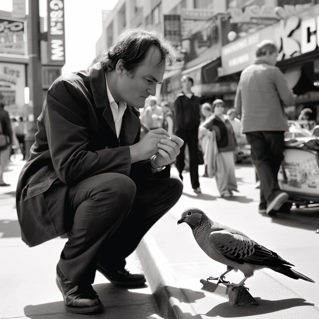 Beggars Quentin Tarantino giving mouth to mouth to a pigeon on