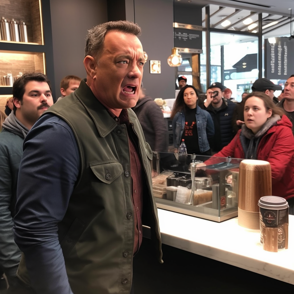 Beggars Tom Hanks in a starbucks store yelling Wilson at the Ba