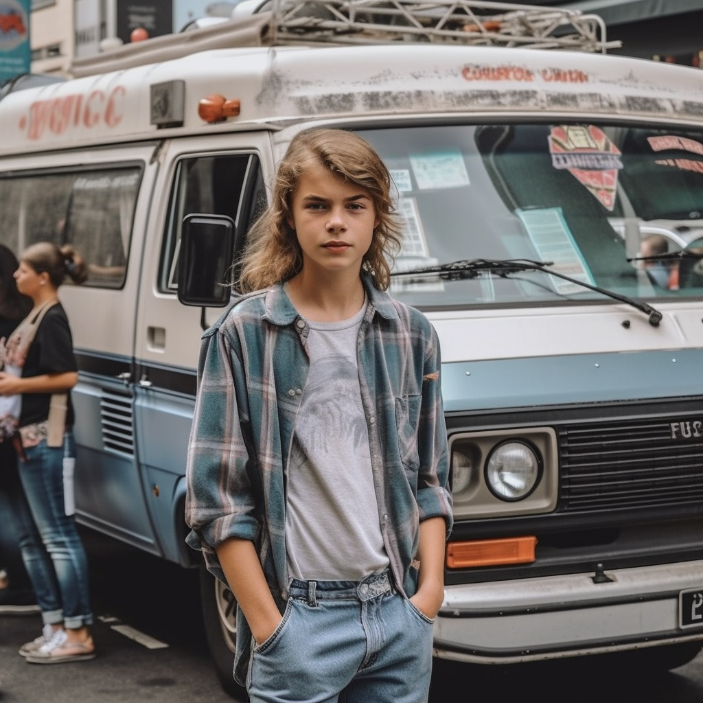 Beggars a photo of a clueless kid standing in front of a tour v