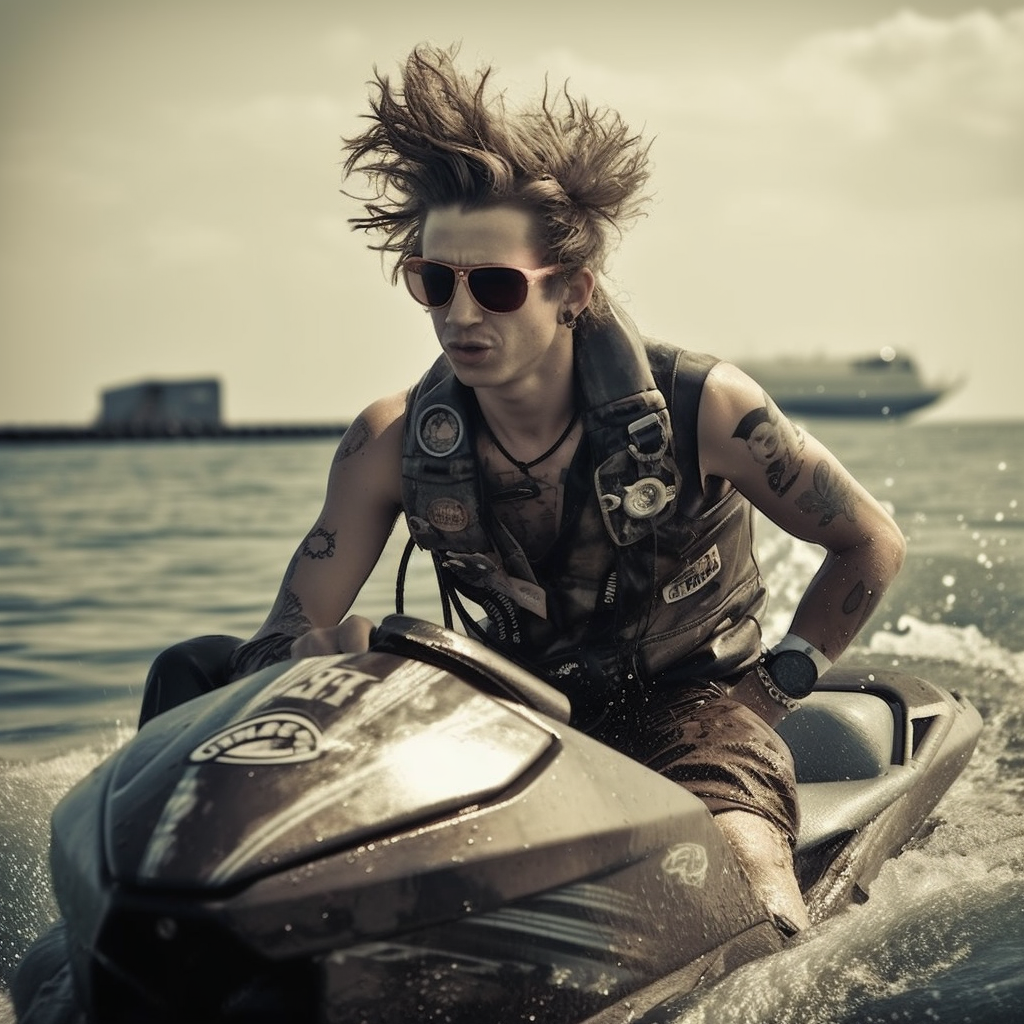 Beggars a photo of a punk rocker on a Jetski